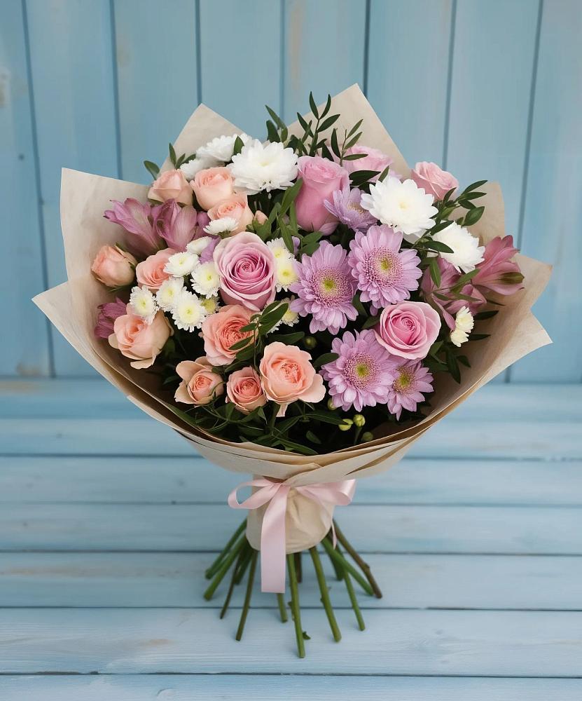 Букет цветов из: Хризантемы, Розы и Альстромерии в Шахтах