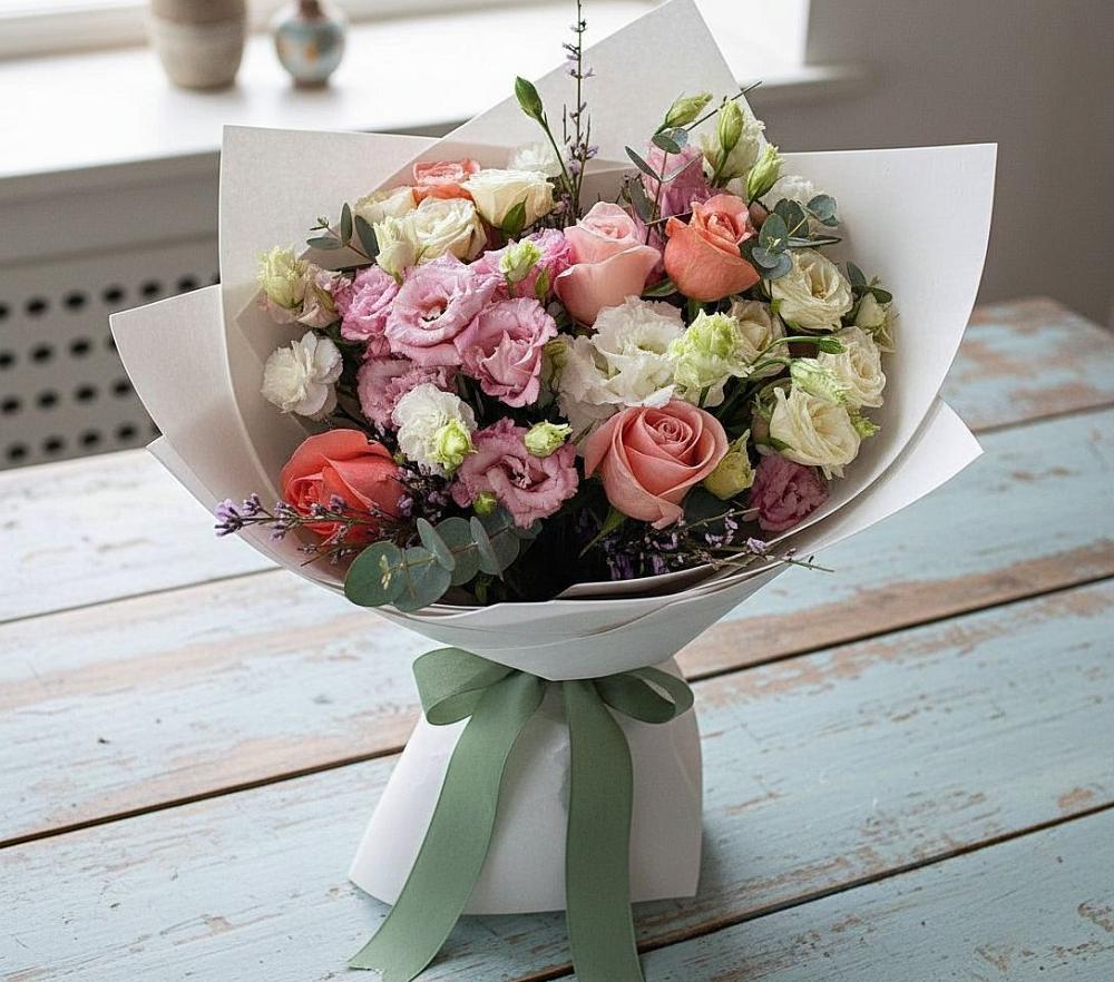 Букет цветов из: Розы, Лизиантусы и Гвоздики в Шахтах