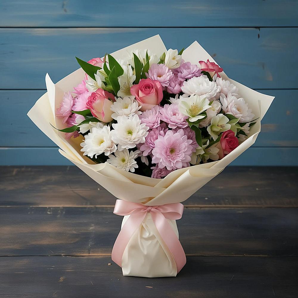 Букет цветов из: Хризантемы, Альстромерии и Розы в Шахтах